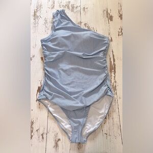 J.Crew Seersucker One-Shoulder Rouched Long Torso Swimsuit 12L